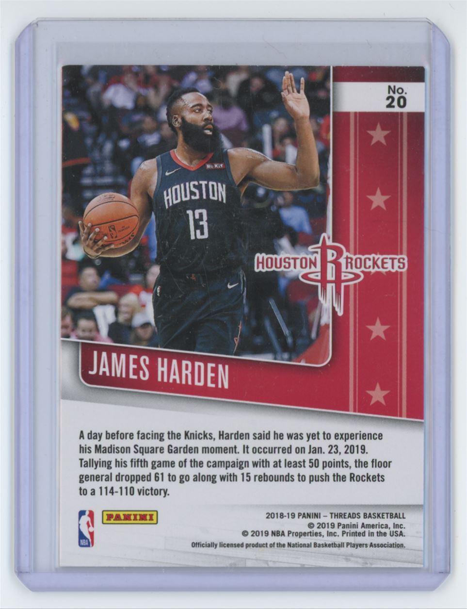 2018-19 Panini Threads James Harden Basketball Card Houston Rockets #20