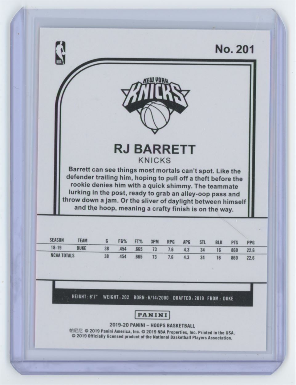 2019-20 Hoops RJ Barrett Basketball Card New York Knicks #201