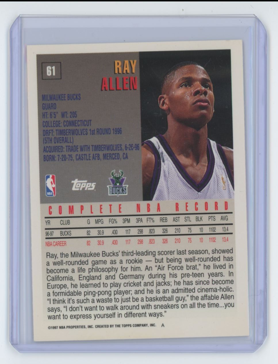 1997-98 Topps Ray Allen Basketball Card Milwaukee Bucks #61