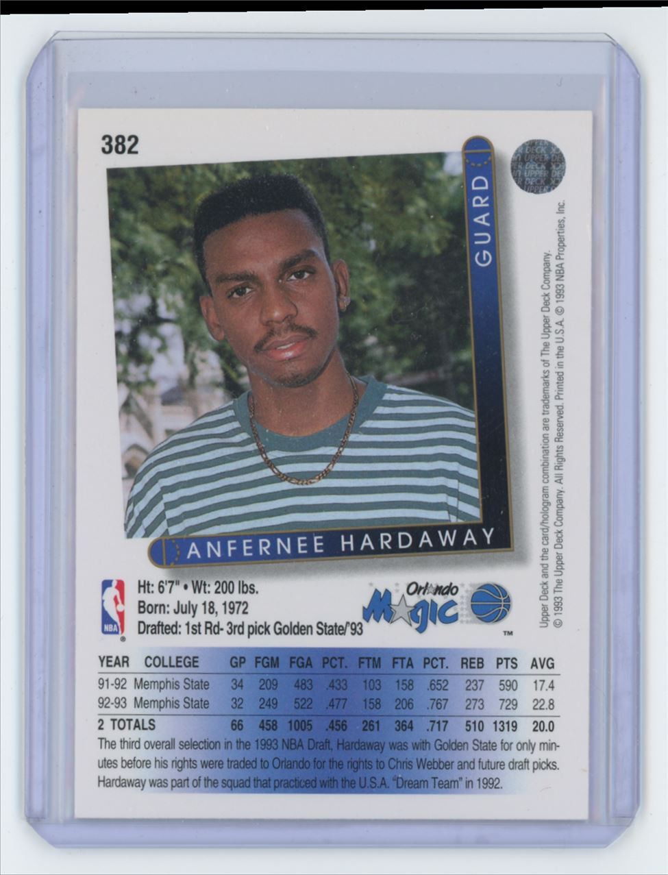 1993-94 Upper Deck NBA Anfernee Hardaway Basketball Card Orlando Magic #382