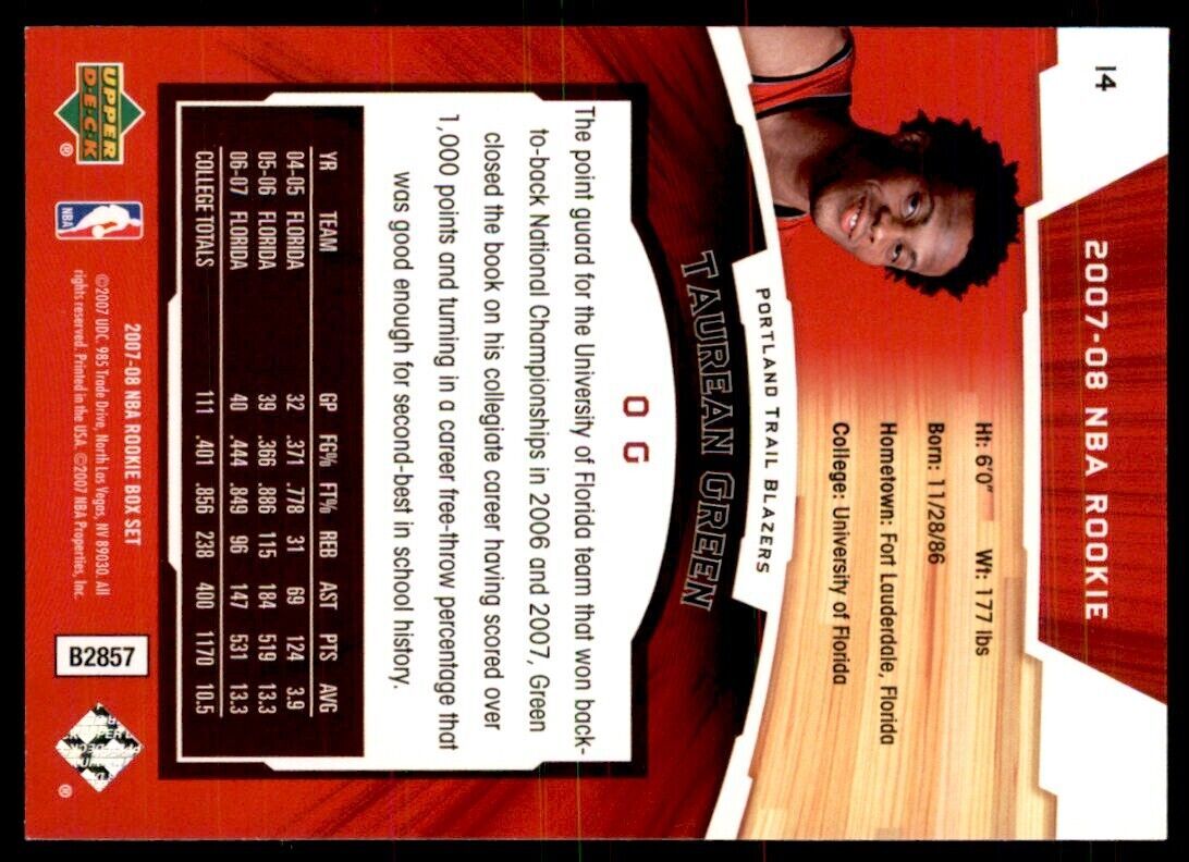 2007-08 Upper Deck Rookie Box Set Taurean Green Rookie Portland Trail Blazers