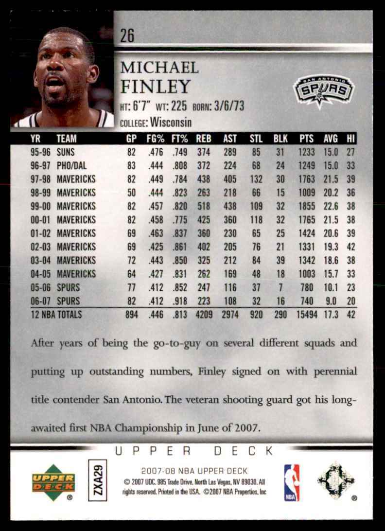 2007-08 Upper Deck Michael Finley San Antonio Spurs #26