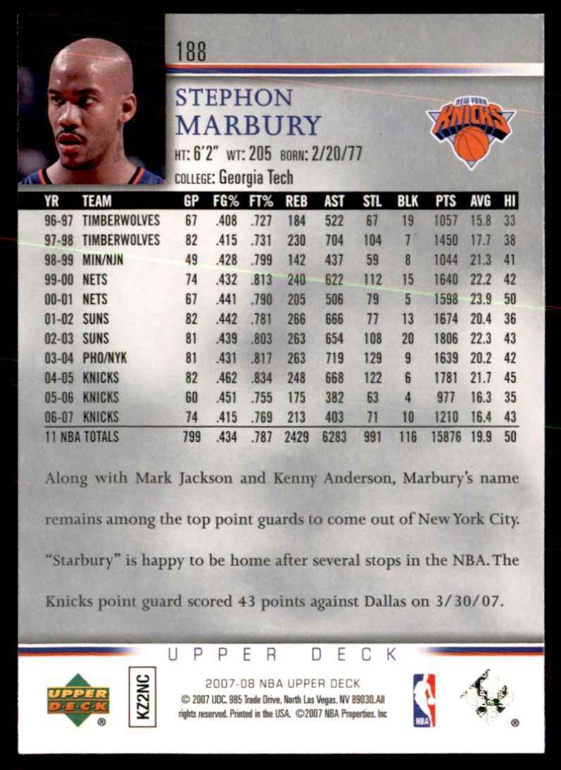 2007-08 Upper Deck Stephon Marbury / New York Knicks #188
