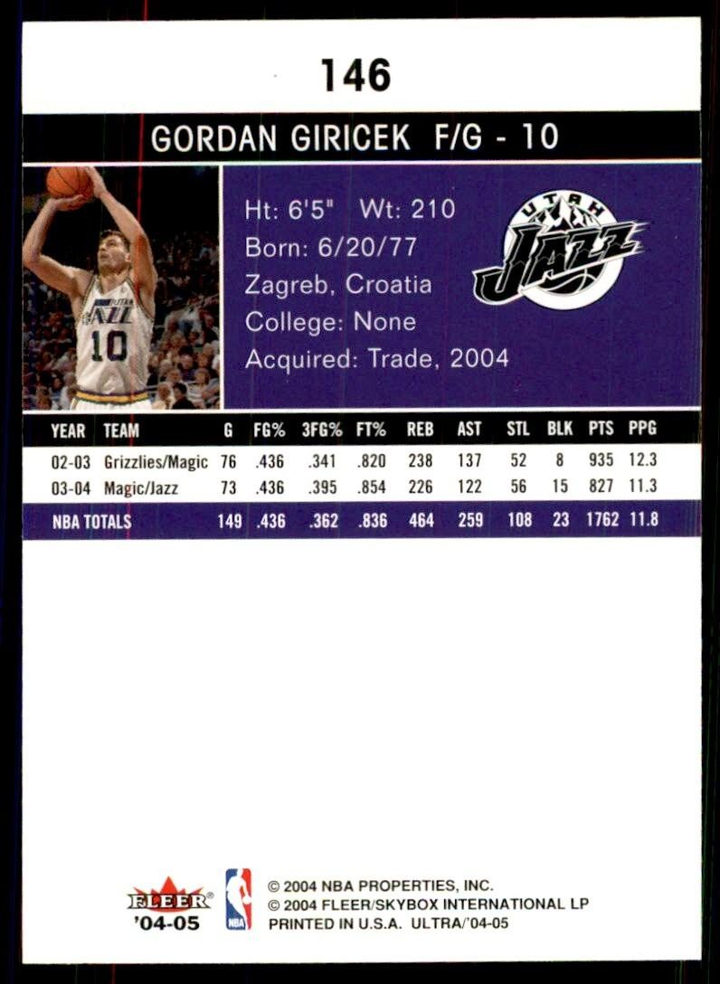 2004-05 Fleer Ultra Gordan Giricek Basketball Cards #146