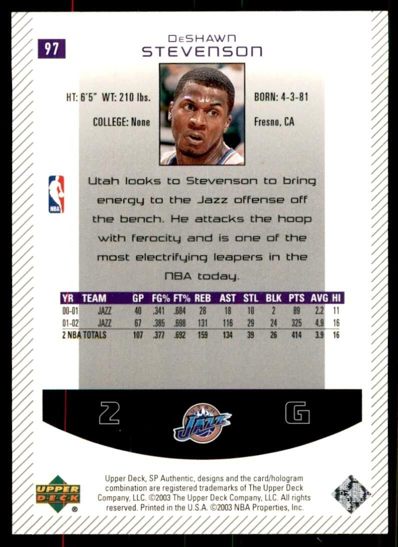 2002-03 Upper Deck SP Authentic DeShawn Stevenson Basketball Cards #97