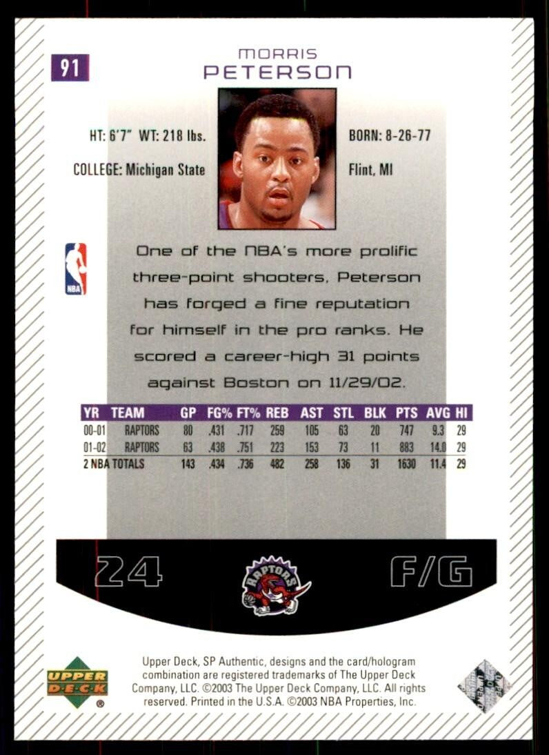 2002-03 Upper Deck SP Authentic Morris Peterson Basketball Cards #91