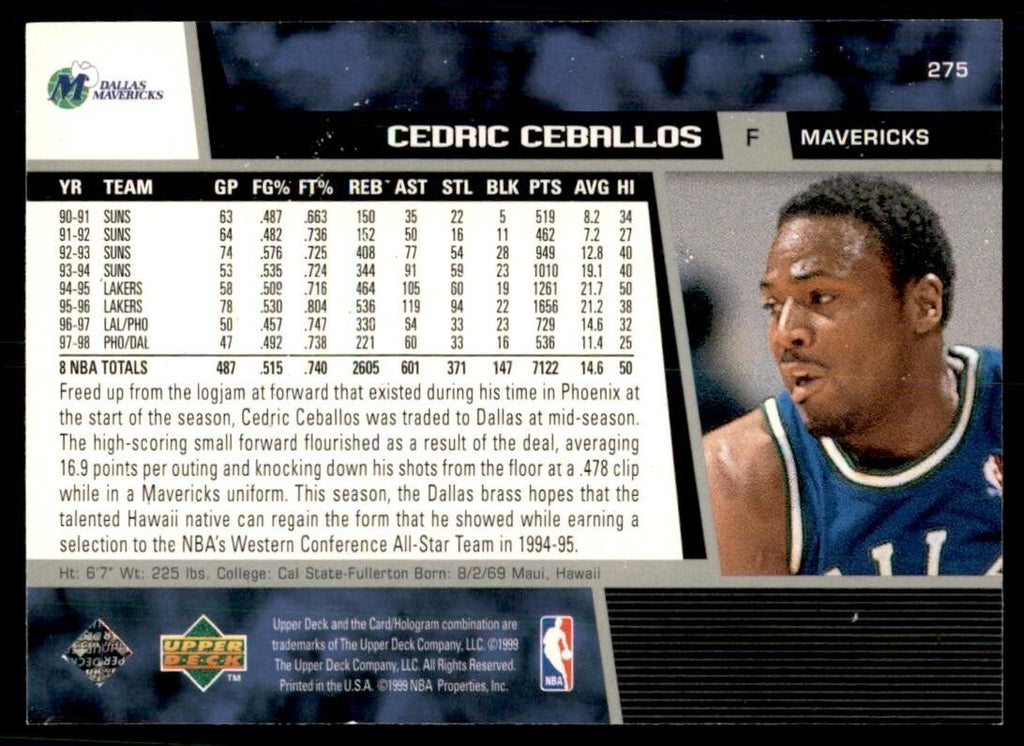 1998-99 Upper Deck Cedric Ceballos Basketball Cards #275