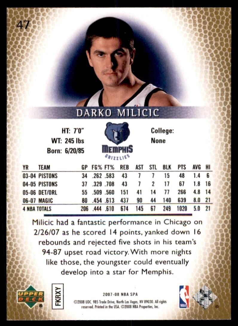 2007-08 Upper Deck SP Darko Milicic B Basketball Cards #47