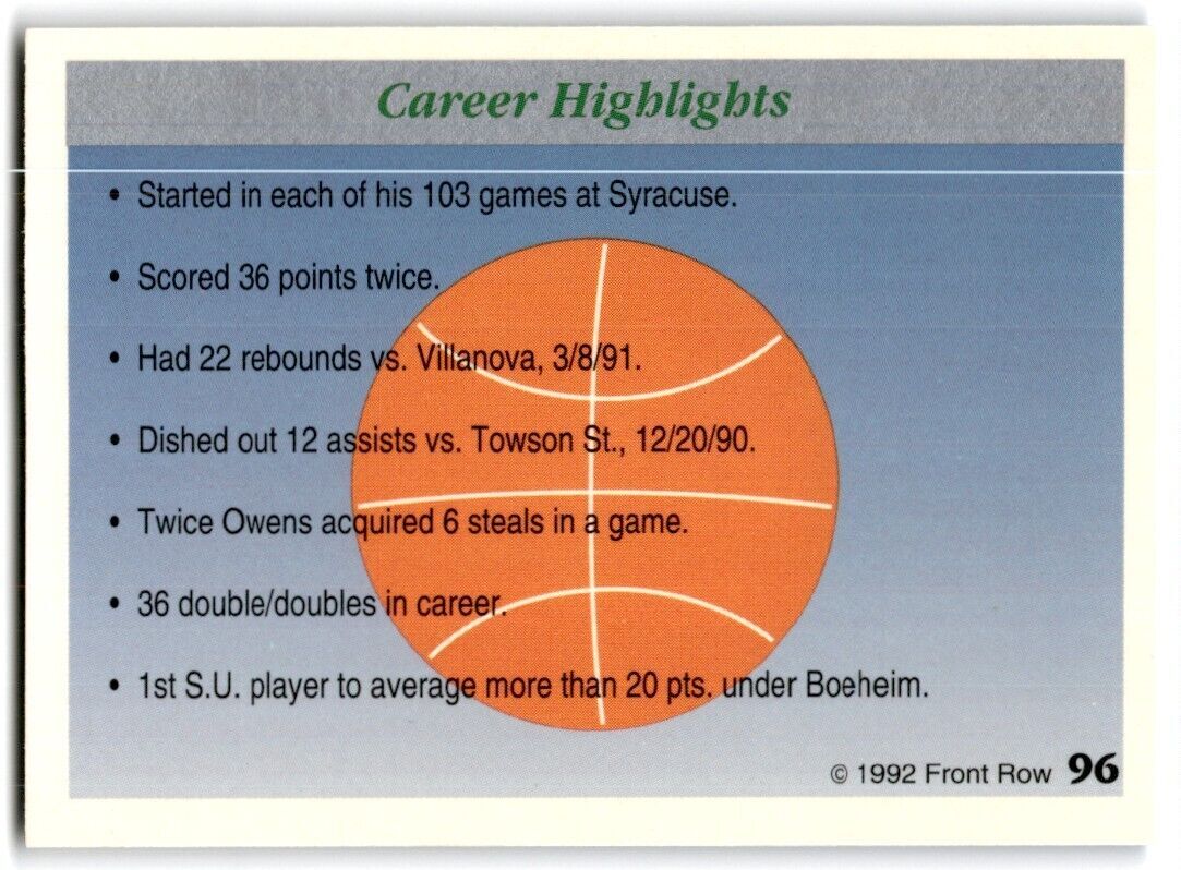 1991-92 Front Row Premier Billy Owens Syracuse Orangemen #96