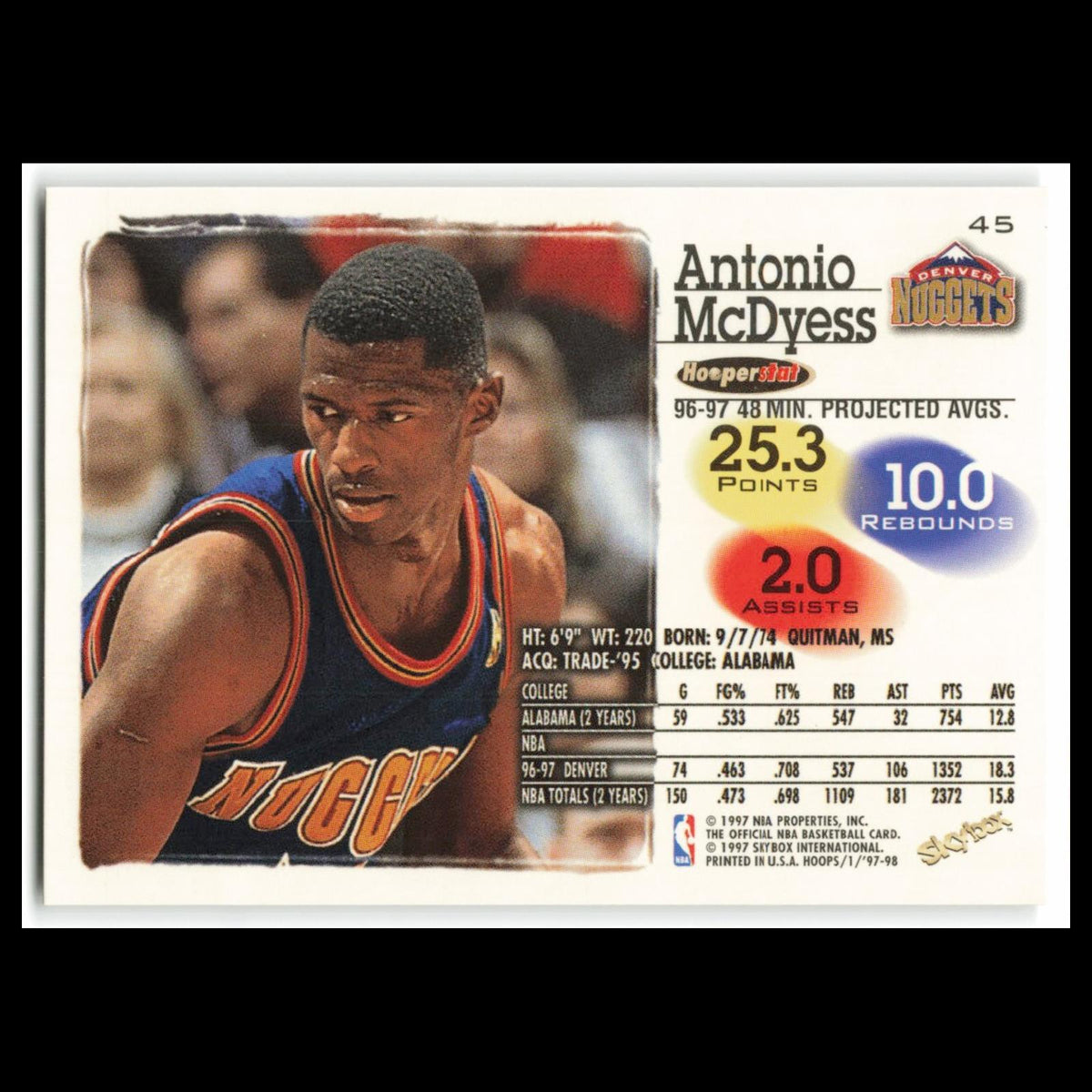 Antonio McDyess #45 1997 Hoops Denver Nuggets Basketball Card NBA NM