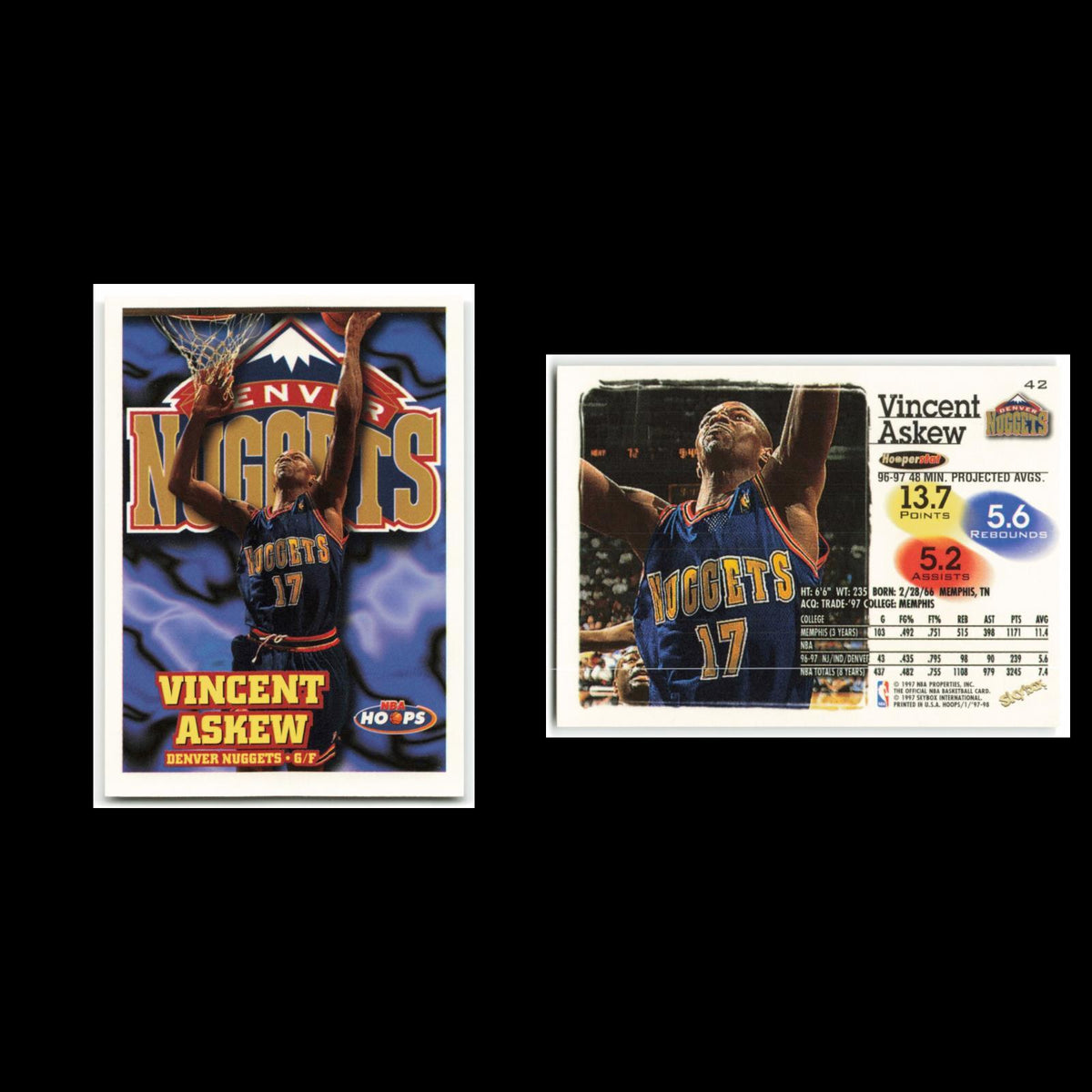 Vincent Askew #42 1997 Hoops Denver Nuggets Basketball Card NBA NM