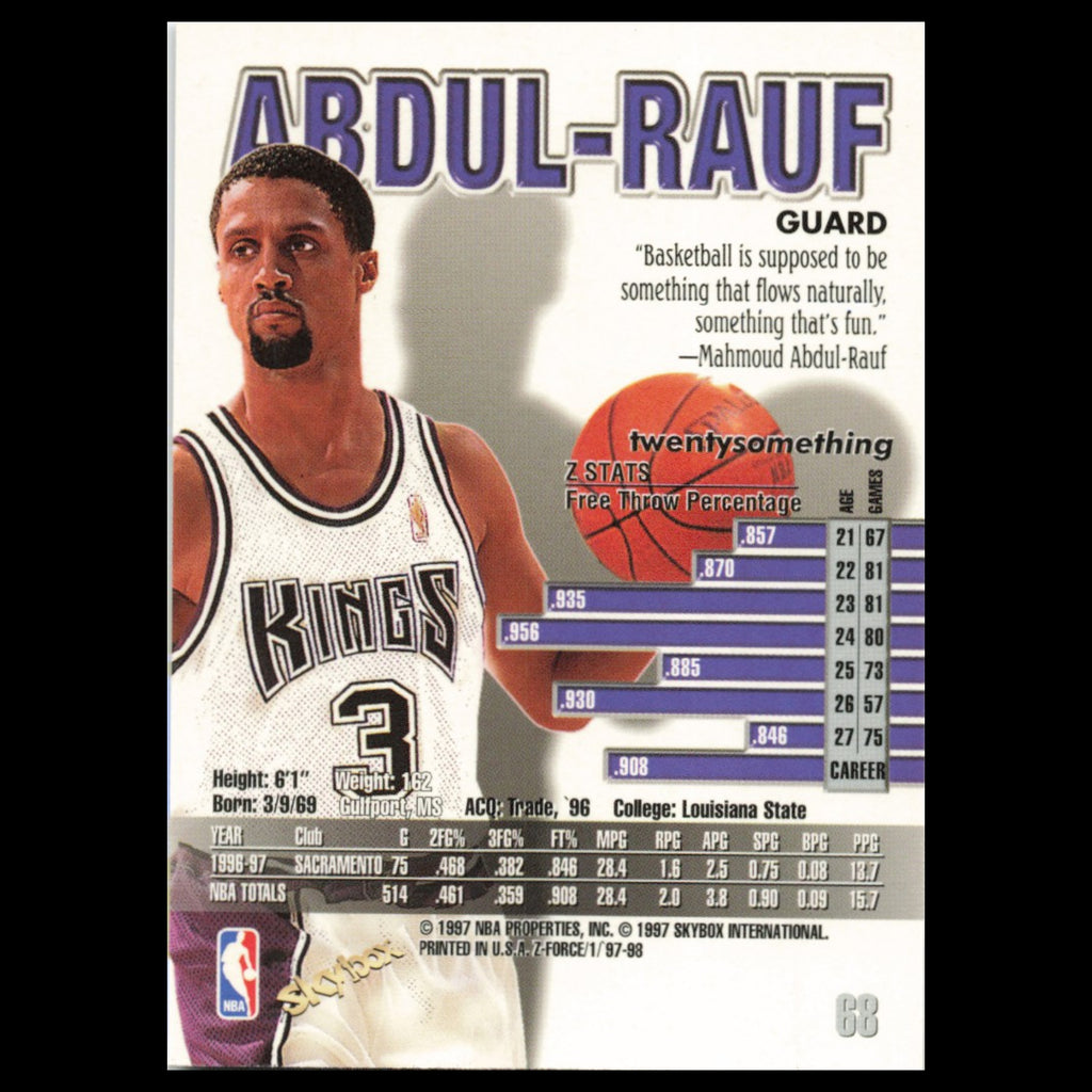 Mahmoud Abdul-Rauf #68 1997 SkyBox Z-Force Sacramento Kings Basketball Card NBA