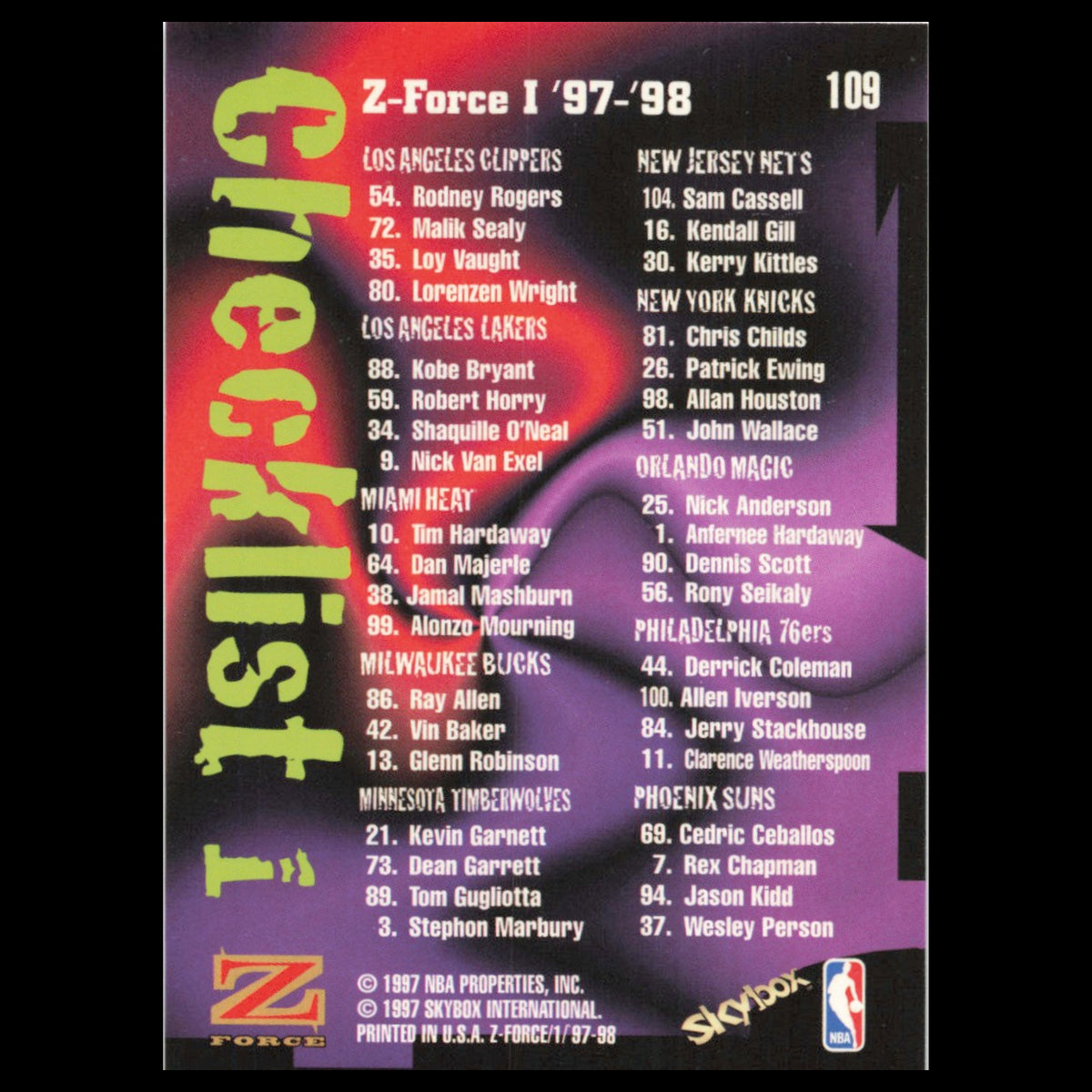 Checklist (Hawks/Suns) #109 1997 SkyBox Z-Force Basketball Card NBA NM