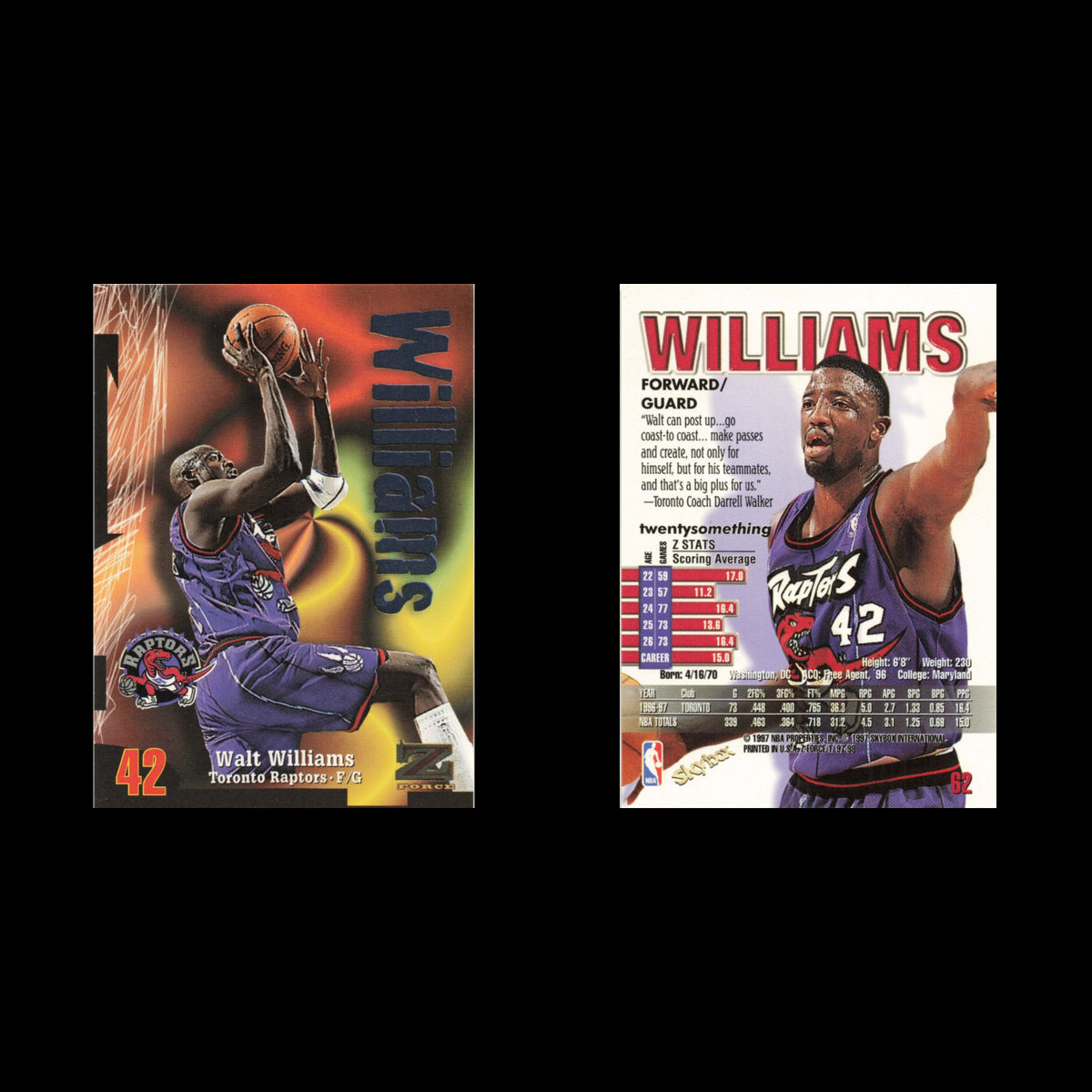 Walt Williams #62 1997 SkyBox Z-Force Toronto Raptors Basketball Card NBA NM