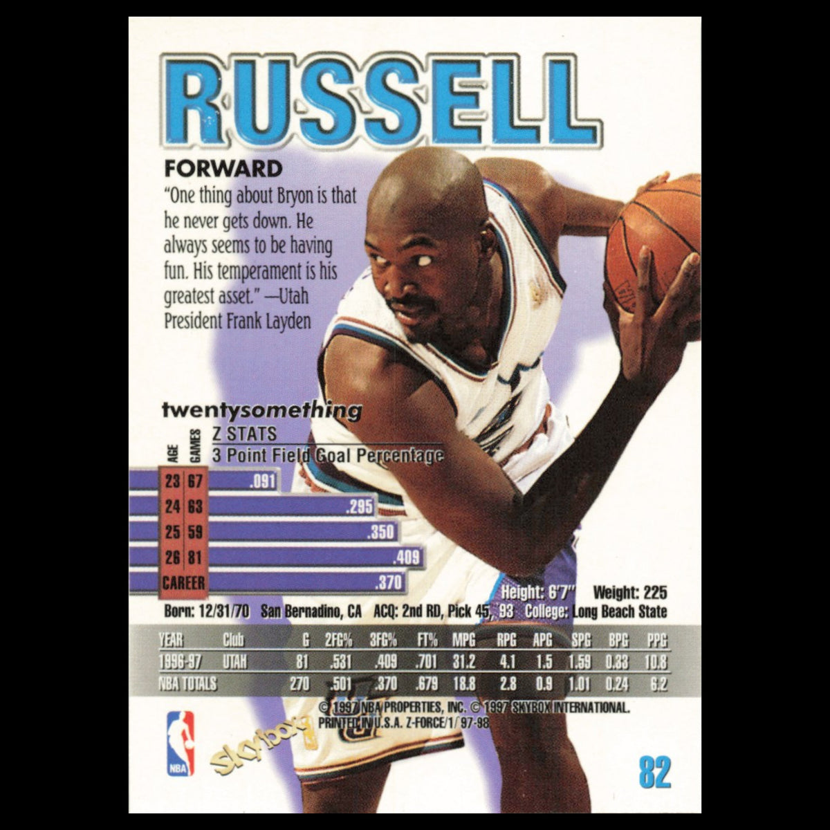 Bryon Russell #82 1997 SkyBox Z-Force Utah Jazz Basketball Card NBA NM