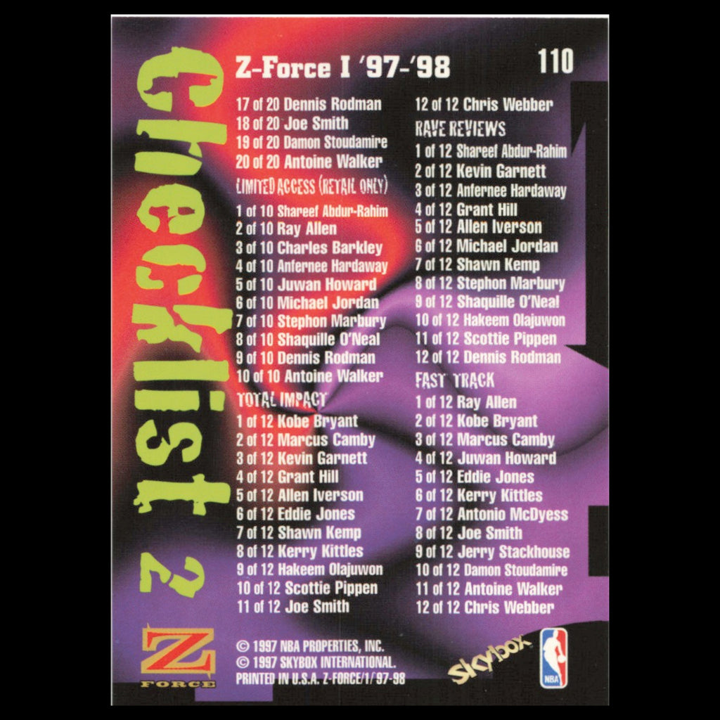 Checklist #110 1997 SkyBox Z-Force Basketball Card NBA NM