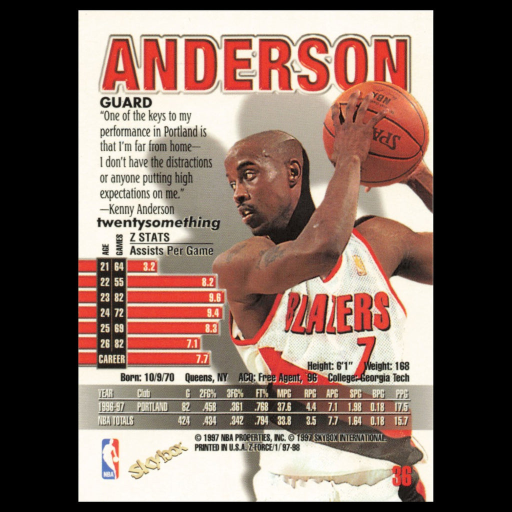 Kenny Anderson #36 1997 SkyBox Z-Force Portland Trail Blazers Basketball Card NM