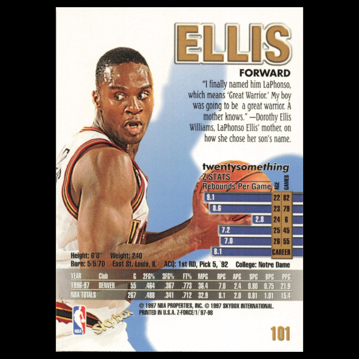 LaPhonso Ellis #101 1997 SkyBox Z-Force Denver Nuggets Basketball Card NBA NM