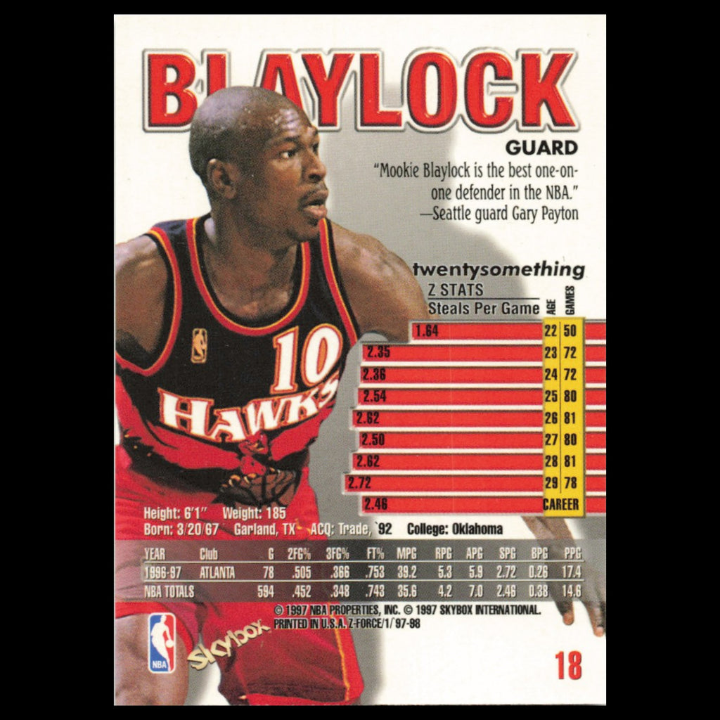 Mookie Blaylock #18 1997 SkyBox Z-Force Atlanta Hawks Basketball Card NBA NM
