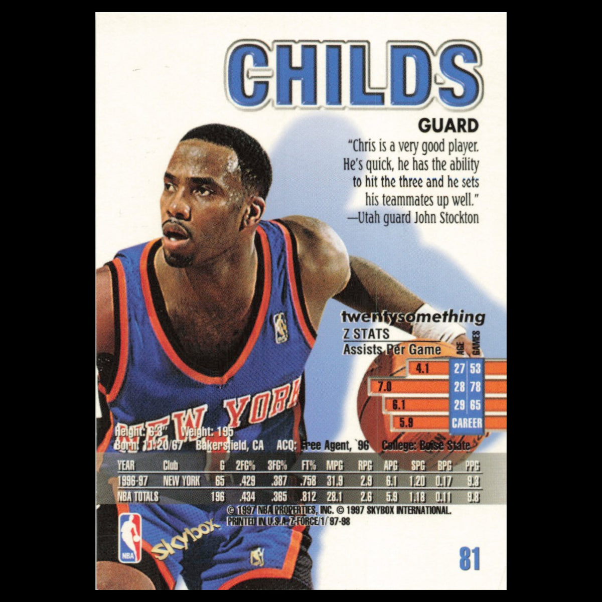 Chris Childs #81 1997 SkyBox Z-Force New York Knicks Basketball Card NBA NM