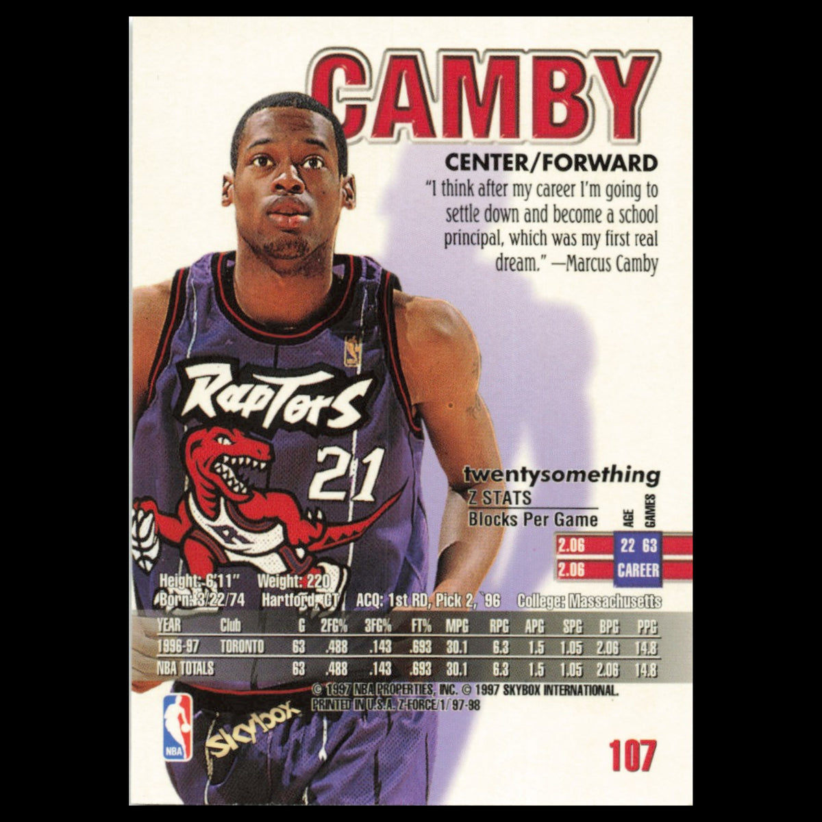 Marcus Camby #107 1997 SkyBox Z-Force Toronto Raptors Basketball Card NBA NM