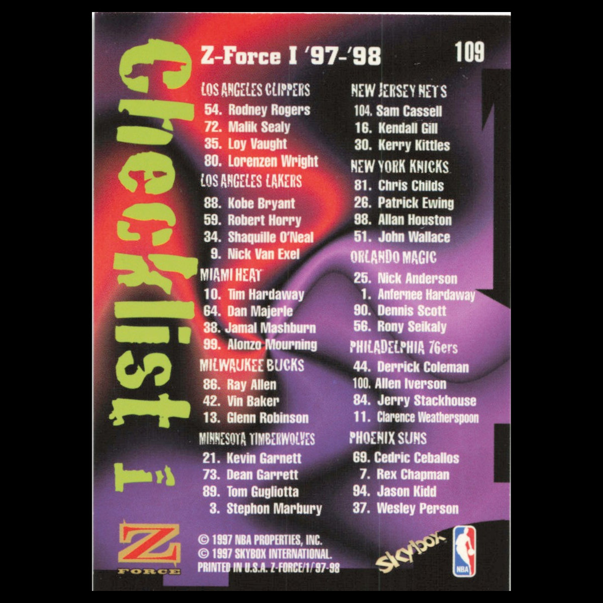 Checklist #109 1997 SkyBox Z-Force Basketball Card NBA NM