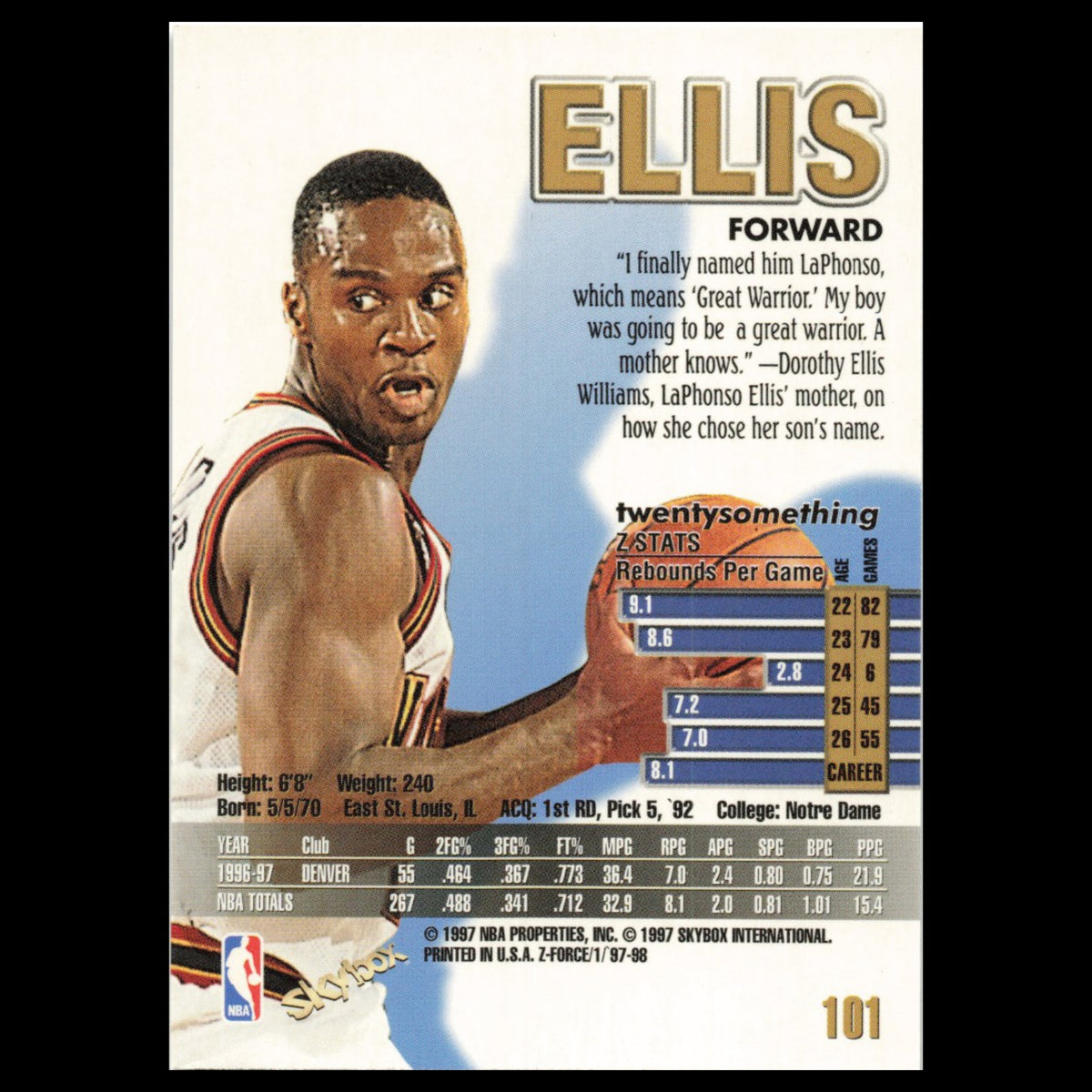 LaPhonso Ellis #101 1997 SkyBox Z-Force Denver Nuggets Basketball Card NBA NM