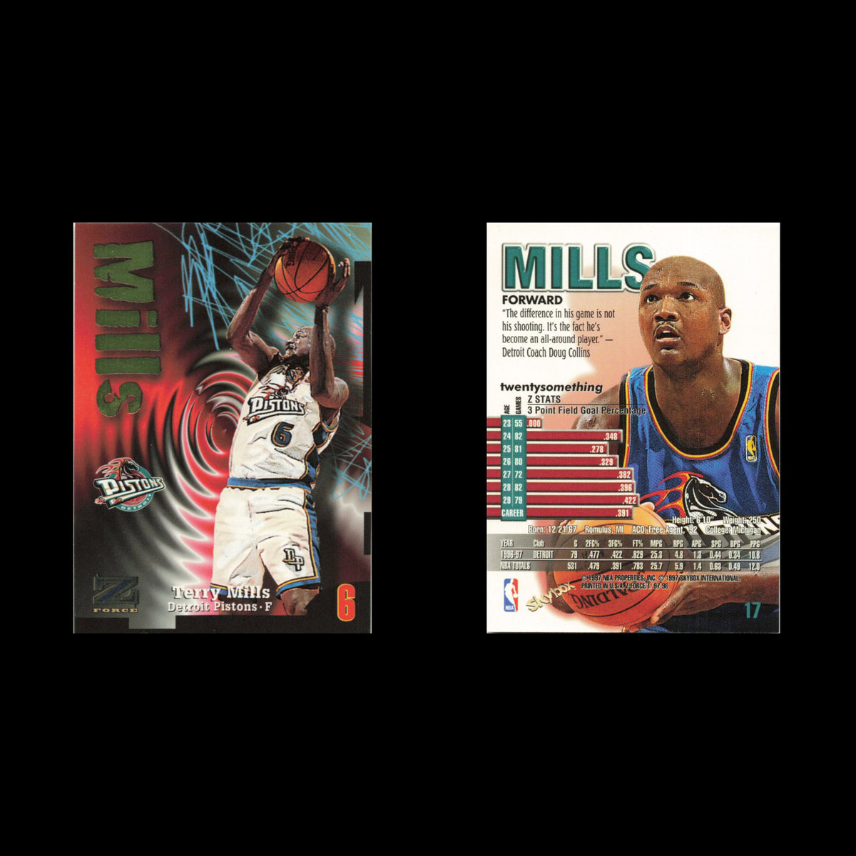 Terry Mills #17 1997 SkyBox Z-Force Detroit Pistons Basketball Card NBA NM