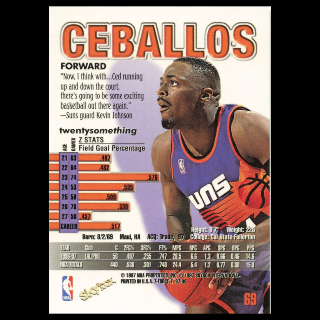 Cedric Ceballos #69 1997 SkyBox Z-Force Phoenix Suns Basketball Card NBA NM