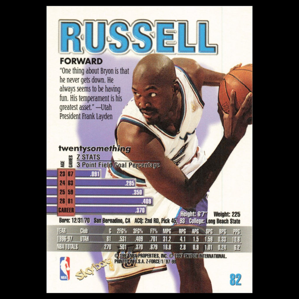 Bryon Russell #82 1997 SkyBox Z-Force Utah Jazz Basketball Card NBA NM