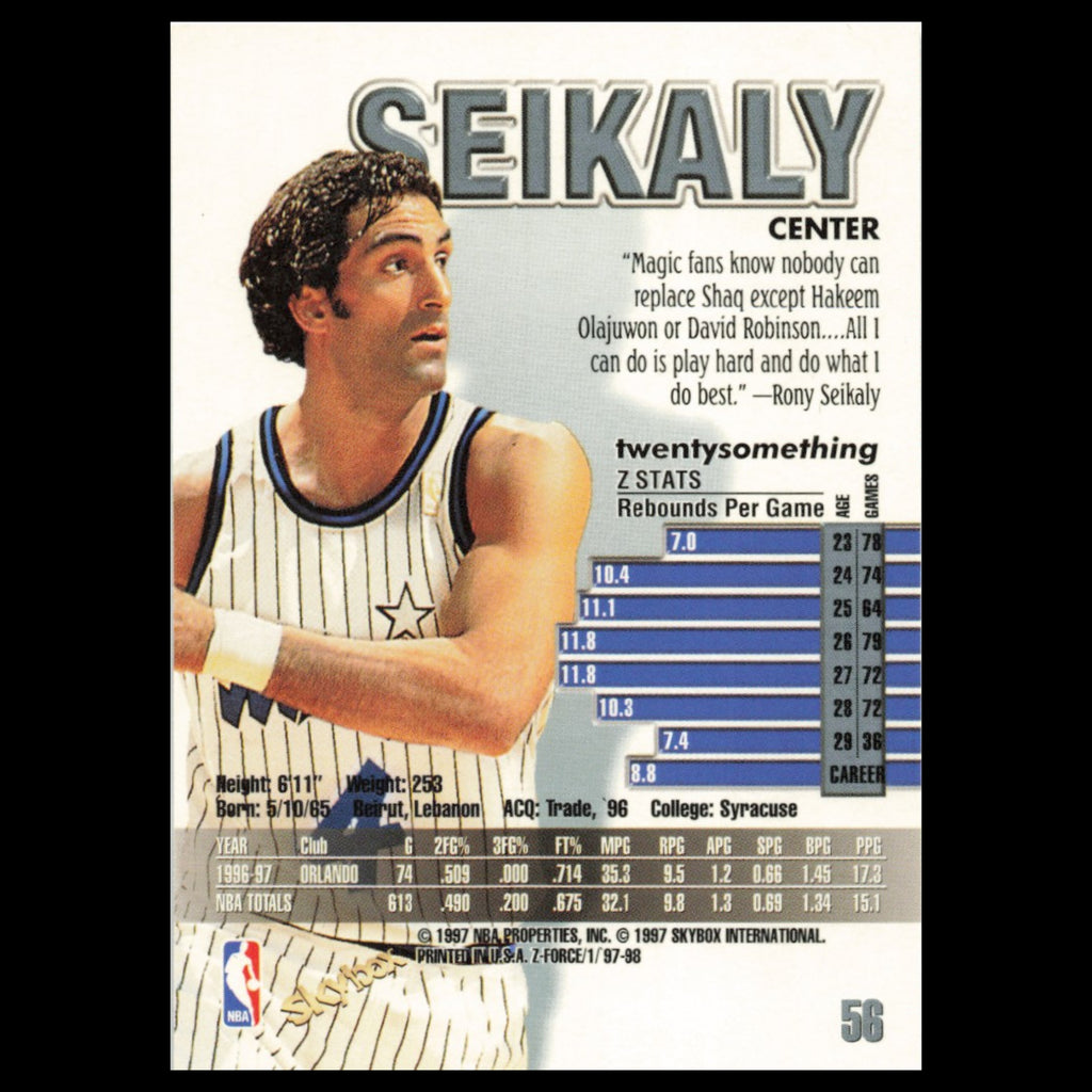 Rony Seikaly #56 1997 SkyBox Z-Force Orlando Magic Basketball Card NBA NM