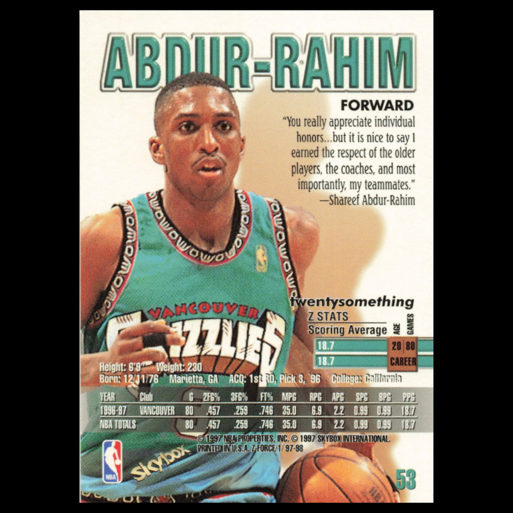 Shareef Abdur-Rahim #53 1997 SkyBox Z-Force Vancouver Grizzlies Basketball Card