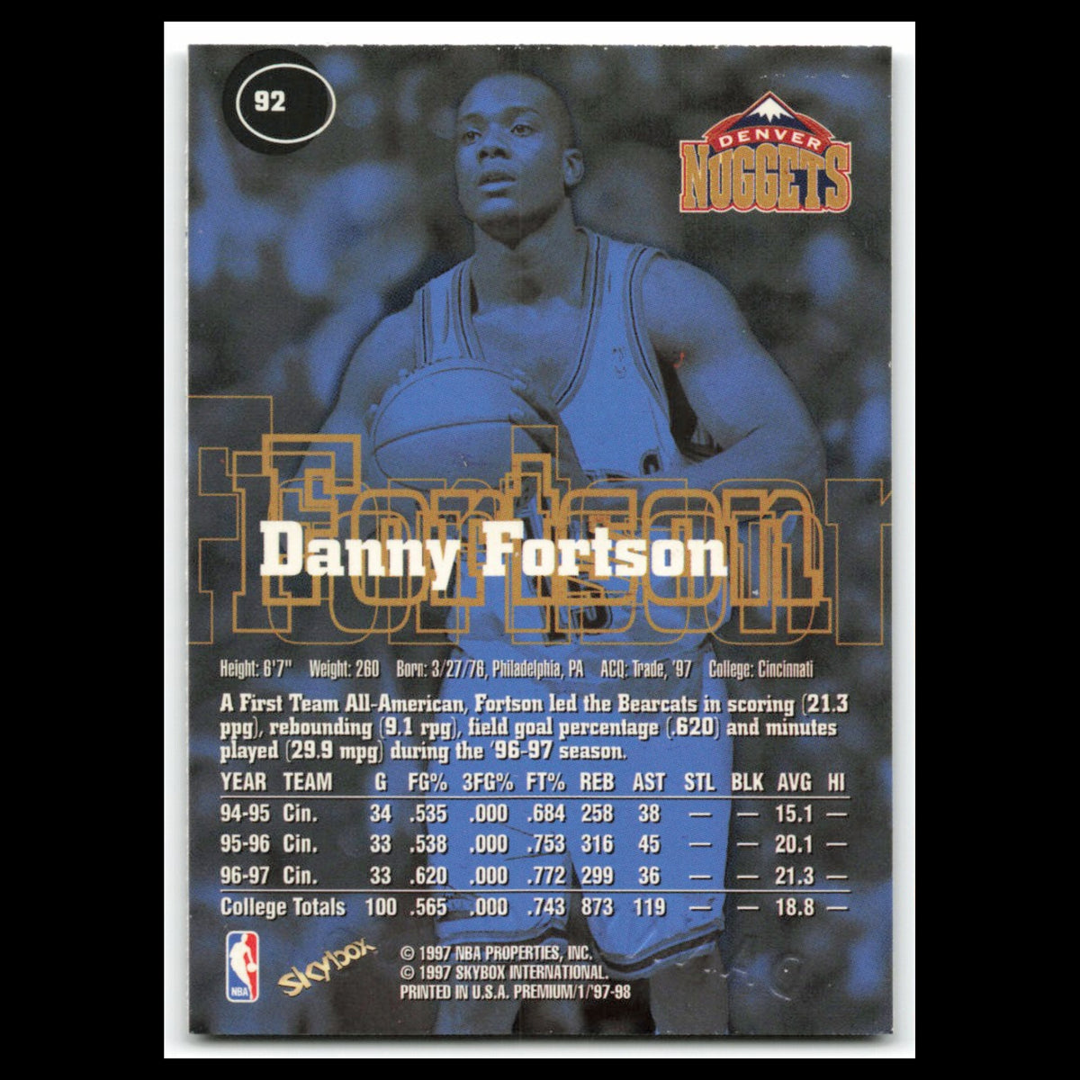 Danny Fortson Rookie #92 1997 SkyBox Premium Denver Nuggets Basketball Card NBA