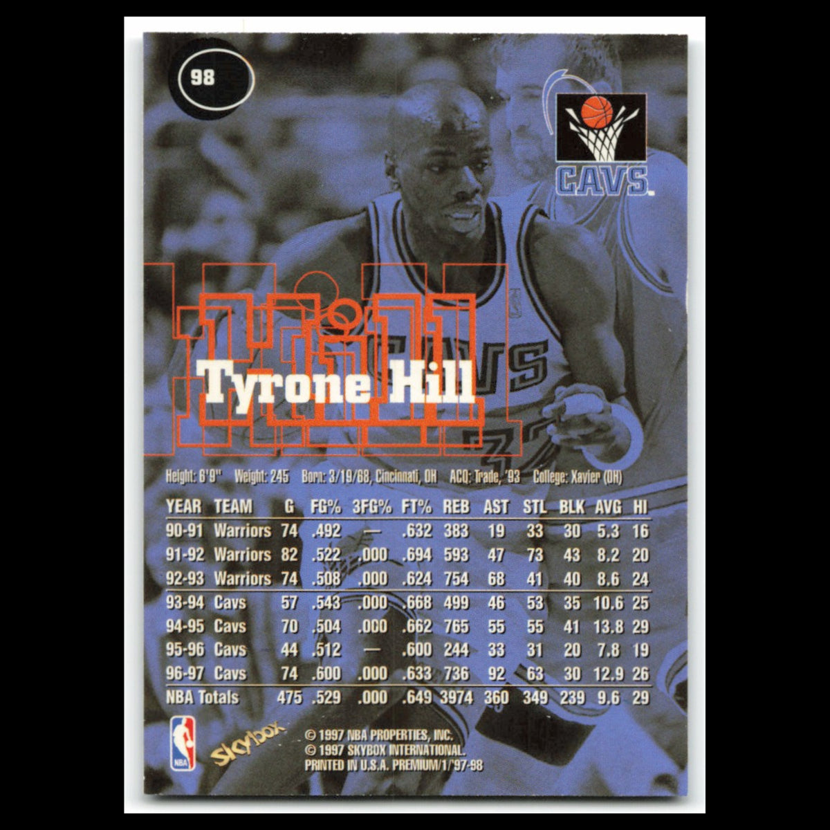 Tyrone Hill #98 1997 SkyBox Premium Cleveland Cavaliers Basketball Card NBA NM
