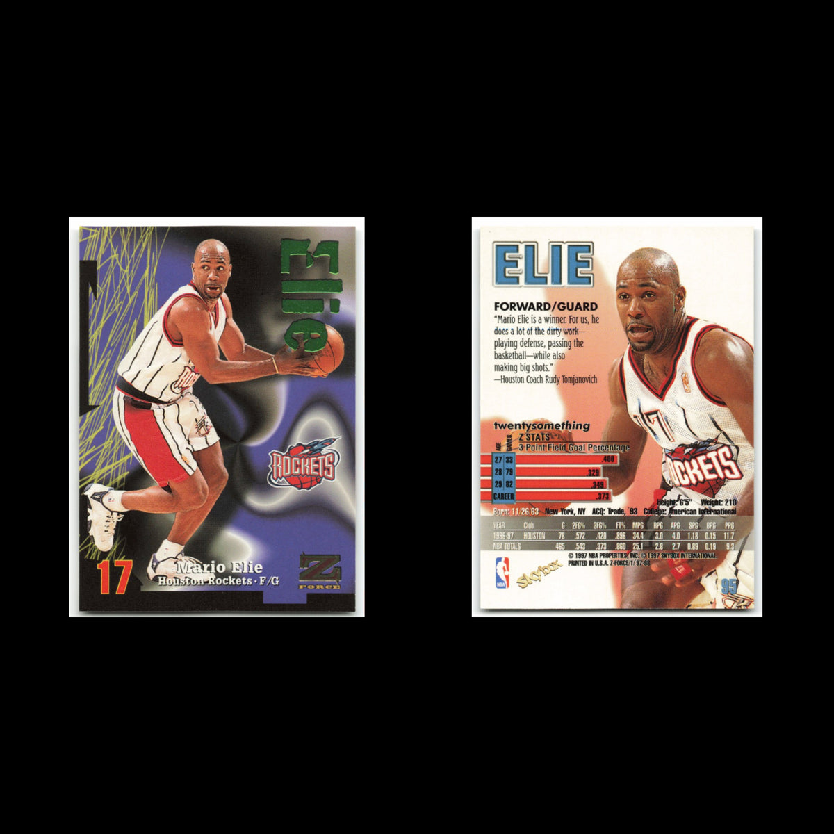 Mario Elie #95 1997 SkyBox Z-Force Houston Rockets Basketball Card NBA NM