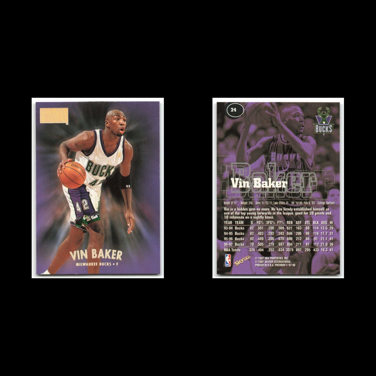 Vin Baker #24 1997 SkyBox Premium Milwaukee Bucks Basketball Card NBA NM
