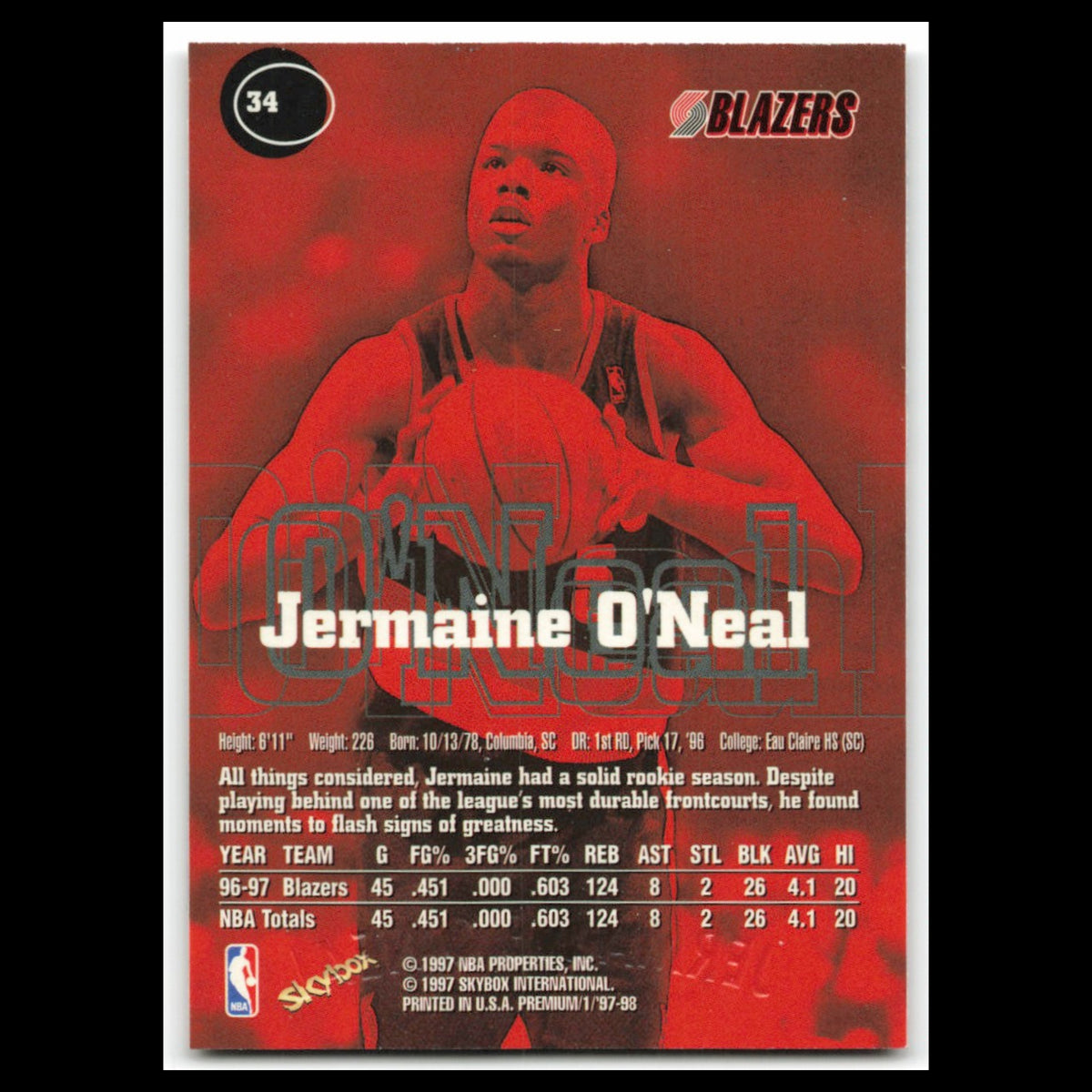 Jermaine Oneal #34 1997 SkyBox Premium Portland Trail Blazers Basketball Card NM