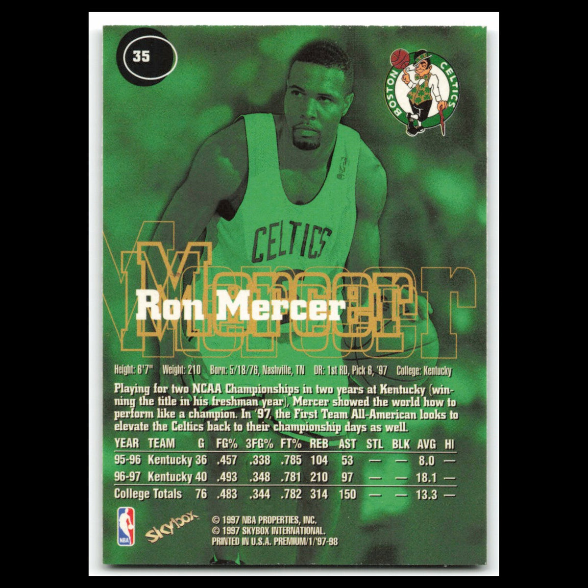 Ron Mercer Rookie #35 1997 SkyBox Premium Boston Celtics Basketball Card NBA NM