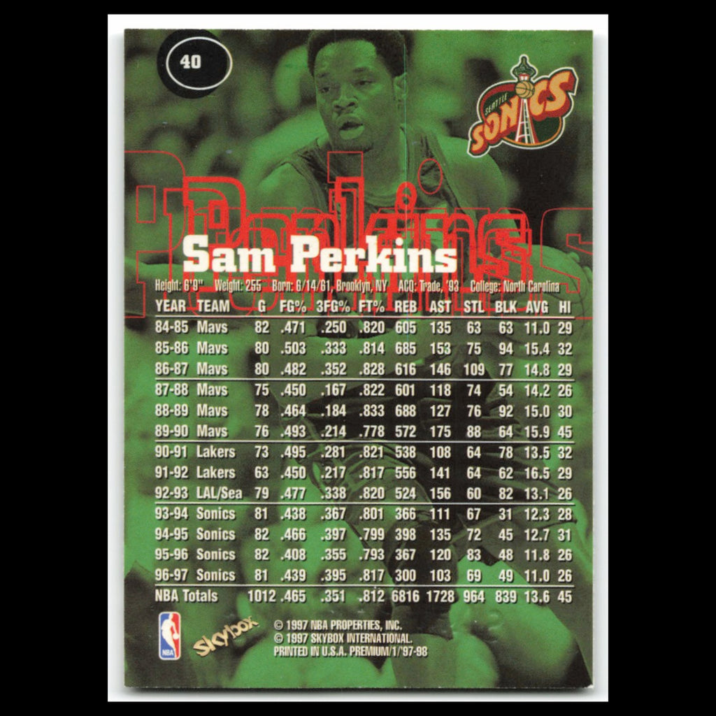 Sam perkins #40 1997 SkyBox Premium Seattle SuperSonics Basketball Card NBA NM