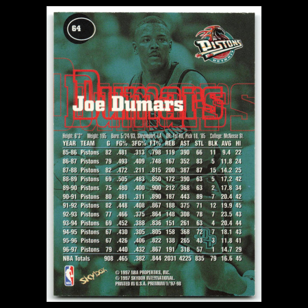 Joe Dumars #64 1997 SkyBox Premium Detroit Pistons Basketball Card NBA NM