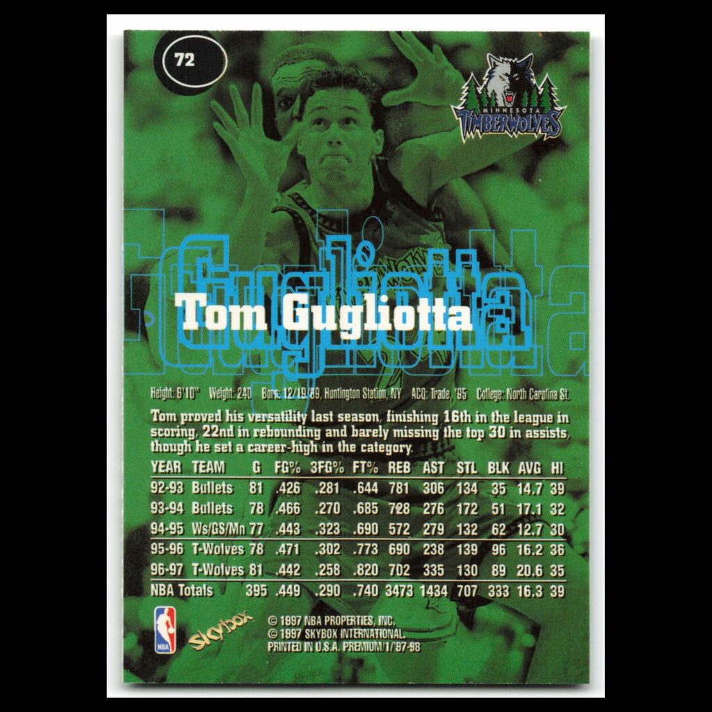 Tom Gugliotta #72 1997 Skybox Platinum Minnesota Timberwolves Basketball Card NM