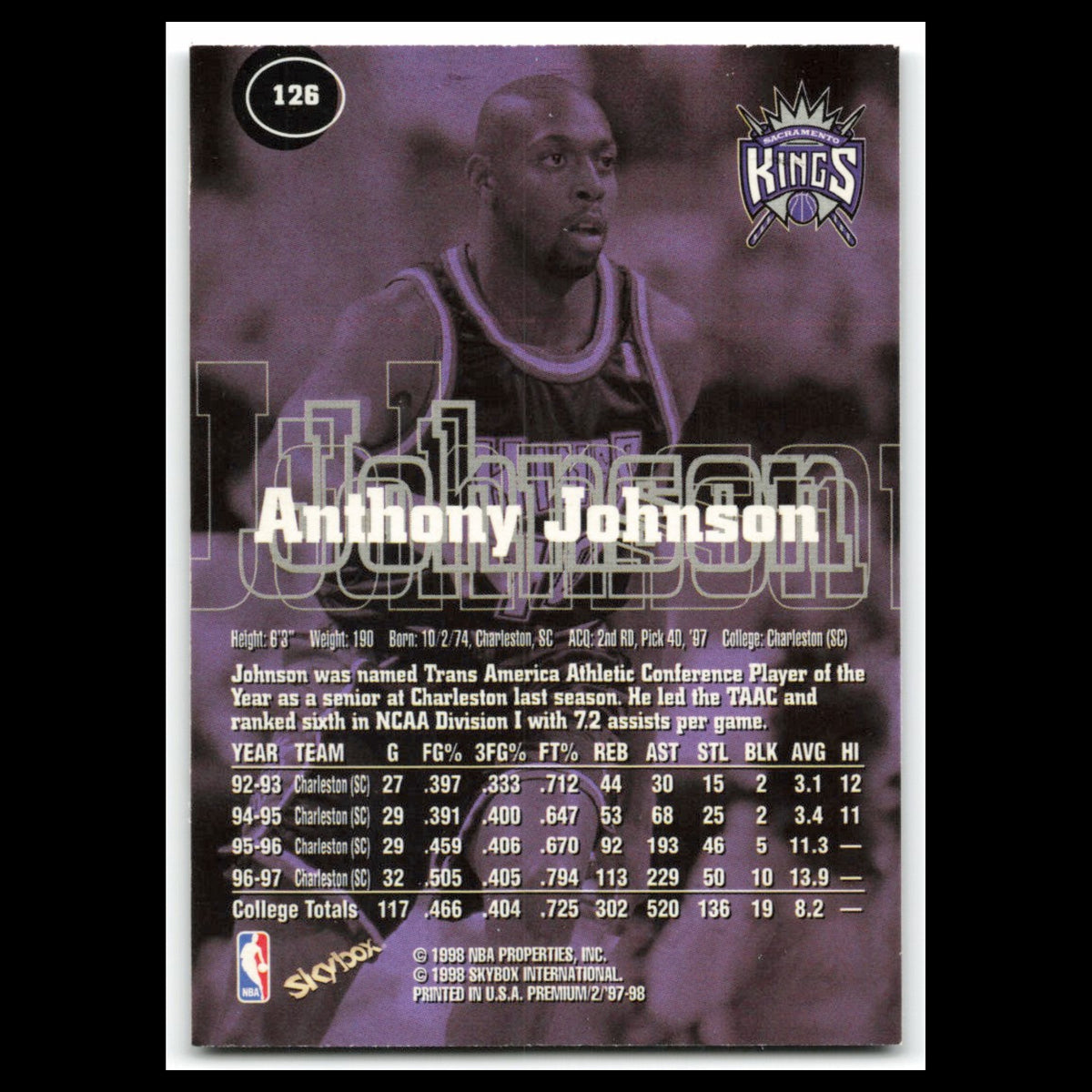 Anthony Johnson Rookie #126 1997 SkyBox Premium Sacramento Kings Basketball Card