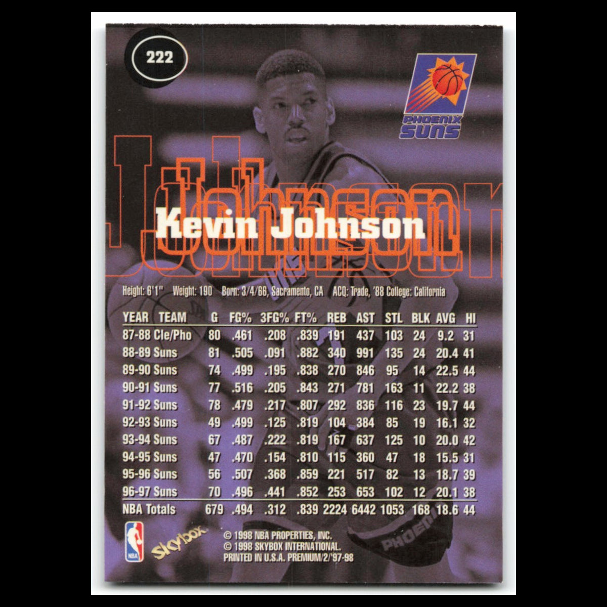 Kevin Johnson #222 1997 SkyBox Premium Phoenix Suns Basketball Card NBA NM