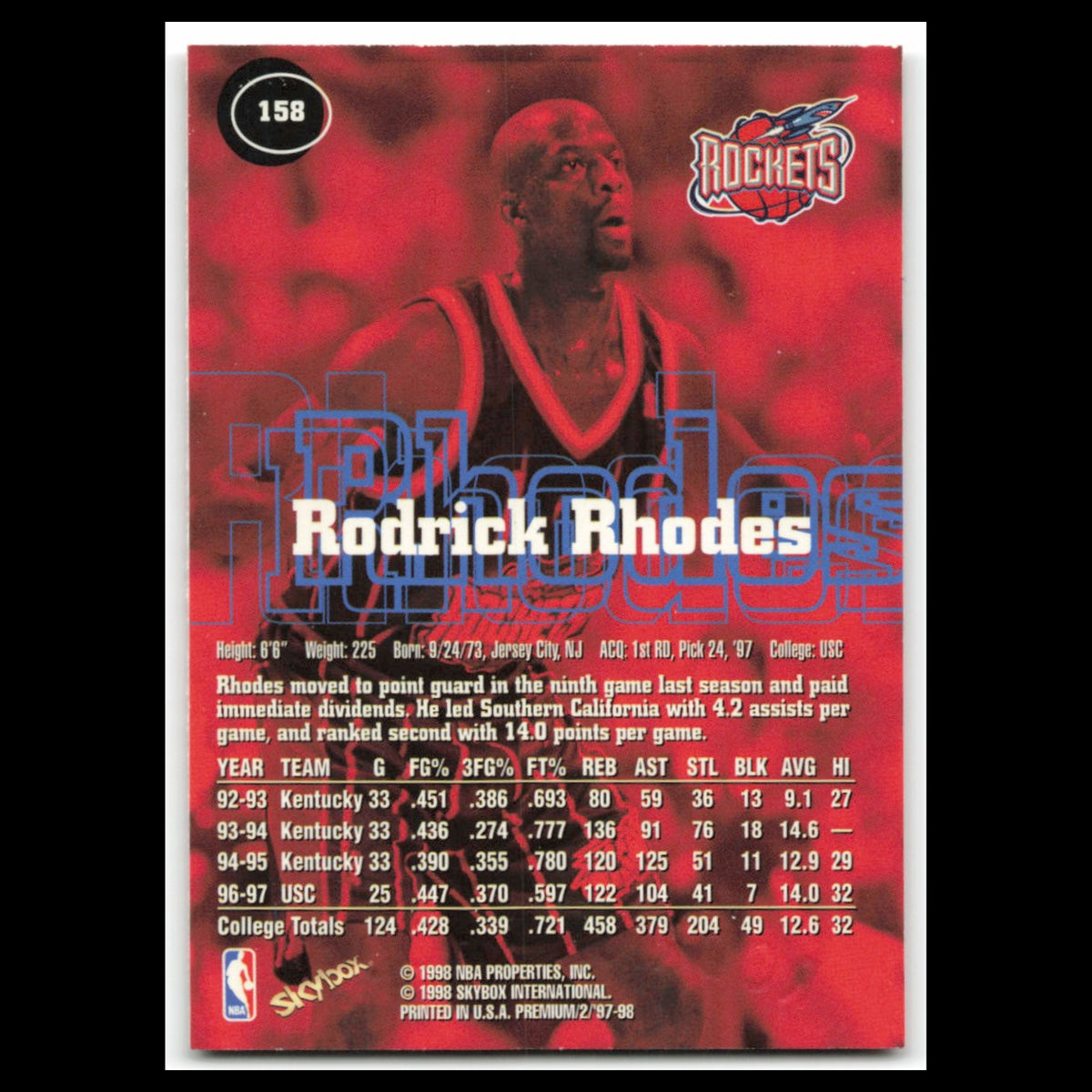 Rodrick Rhodes Rookie #158 1997 SkyBox Premium Houston Rockets Basketball Card