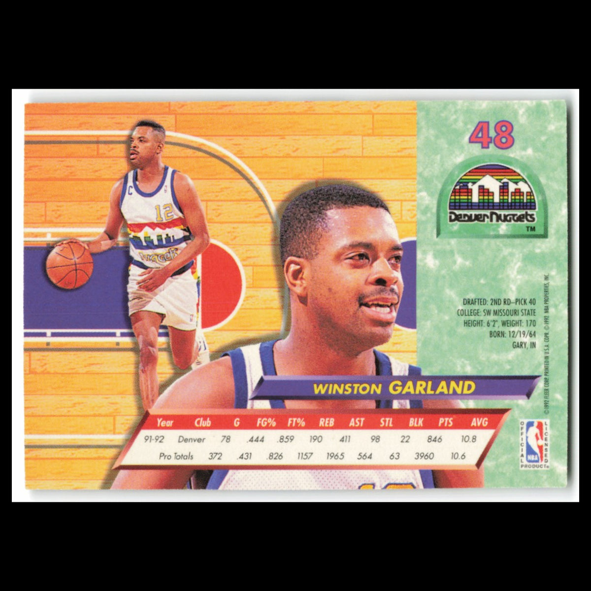 Winston Garland #48 1992 Fleer Ultra Denver Nuggets Basketball Card NBA NM