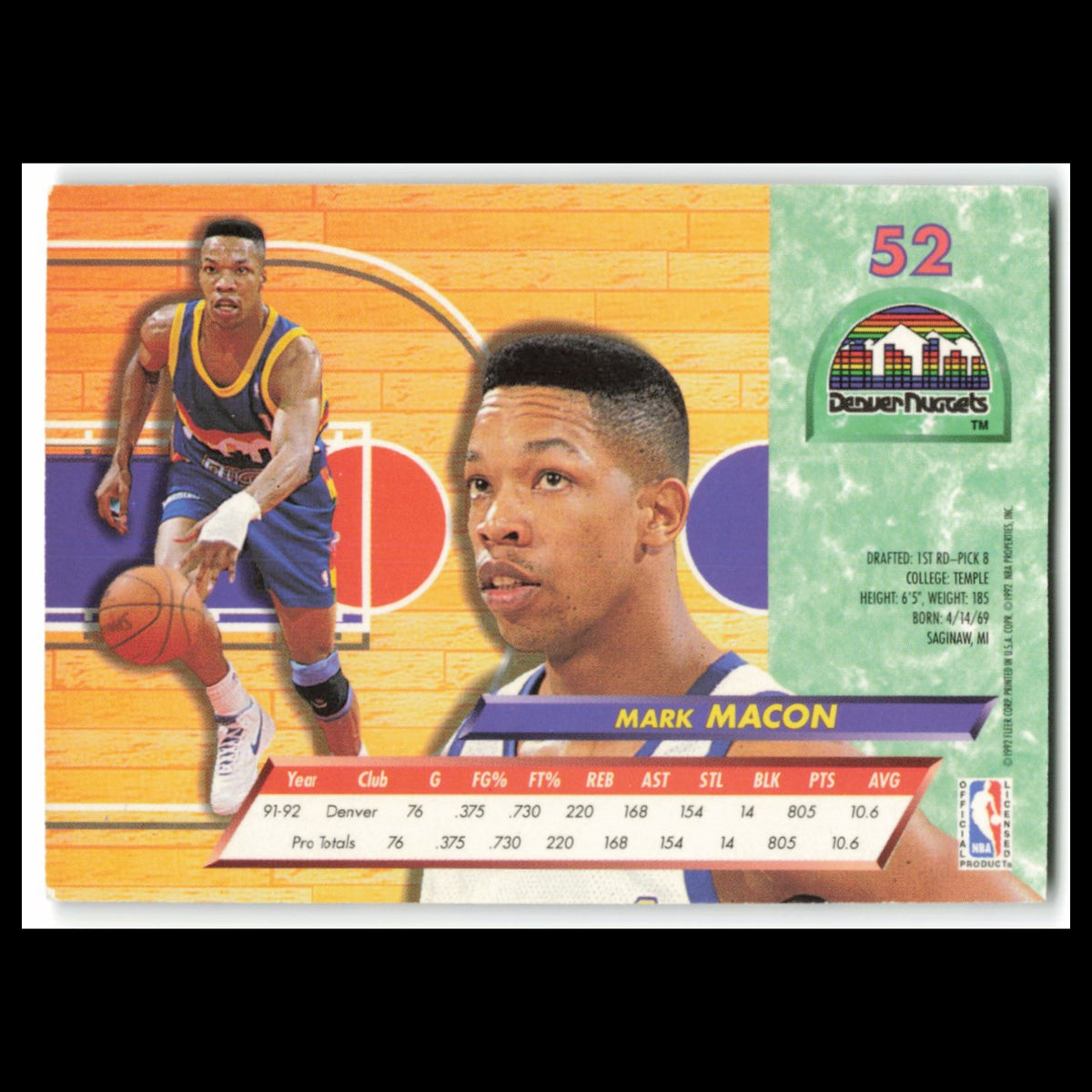 Mark Macon #52 1992 Fleer Ultra Denver Nuggets Basketball Card NBA NM