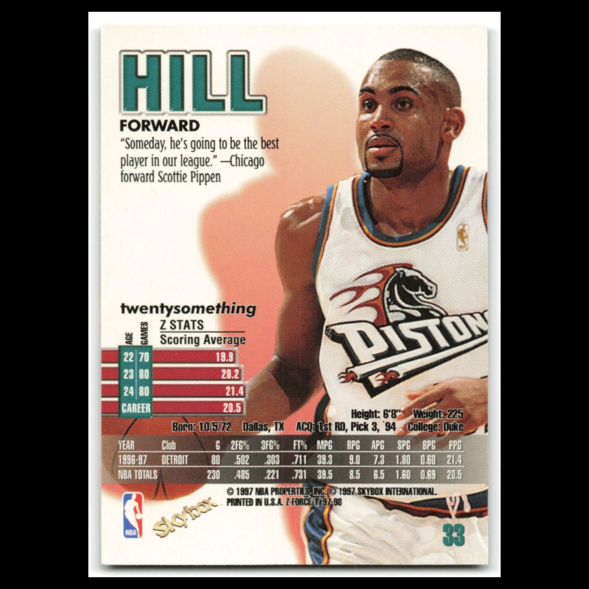 Grant Hill #33 1997 SkyBox Z-Force Detroit Pistons Basketball Card NBA NM