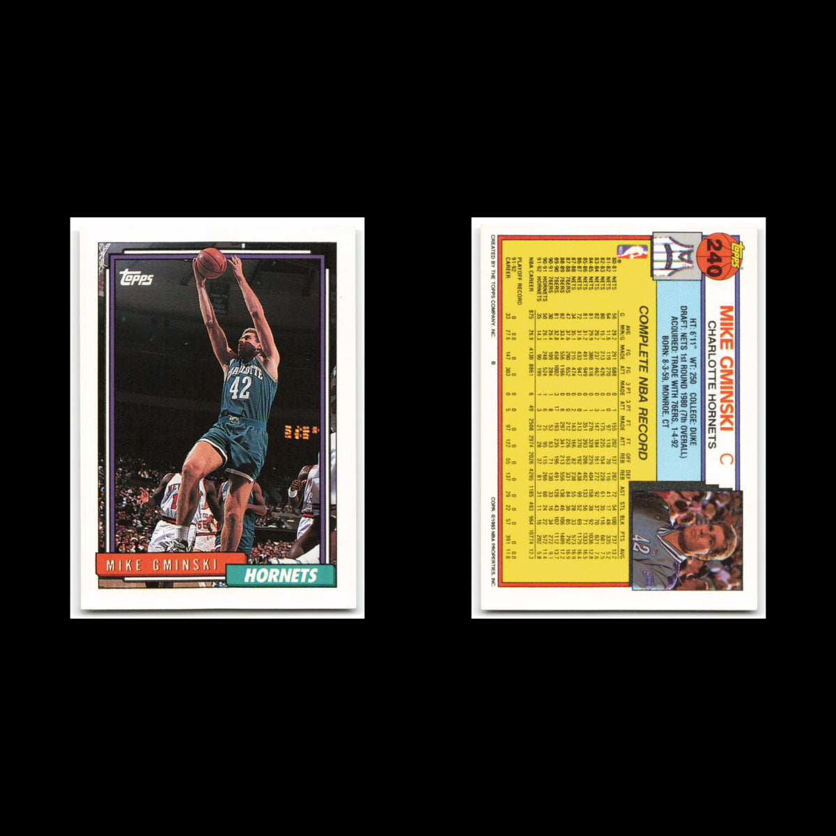 Mike Gminski #240 1992 Topps Charlotte Hornets Basketball Card NBA NM