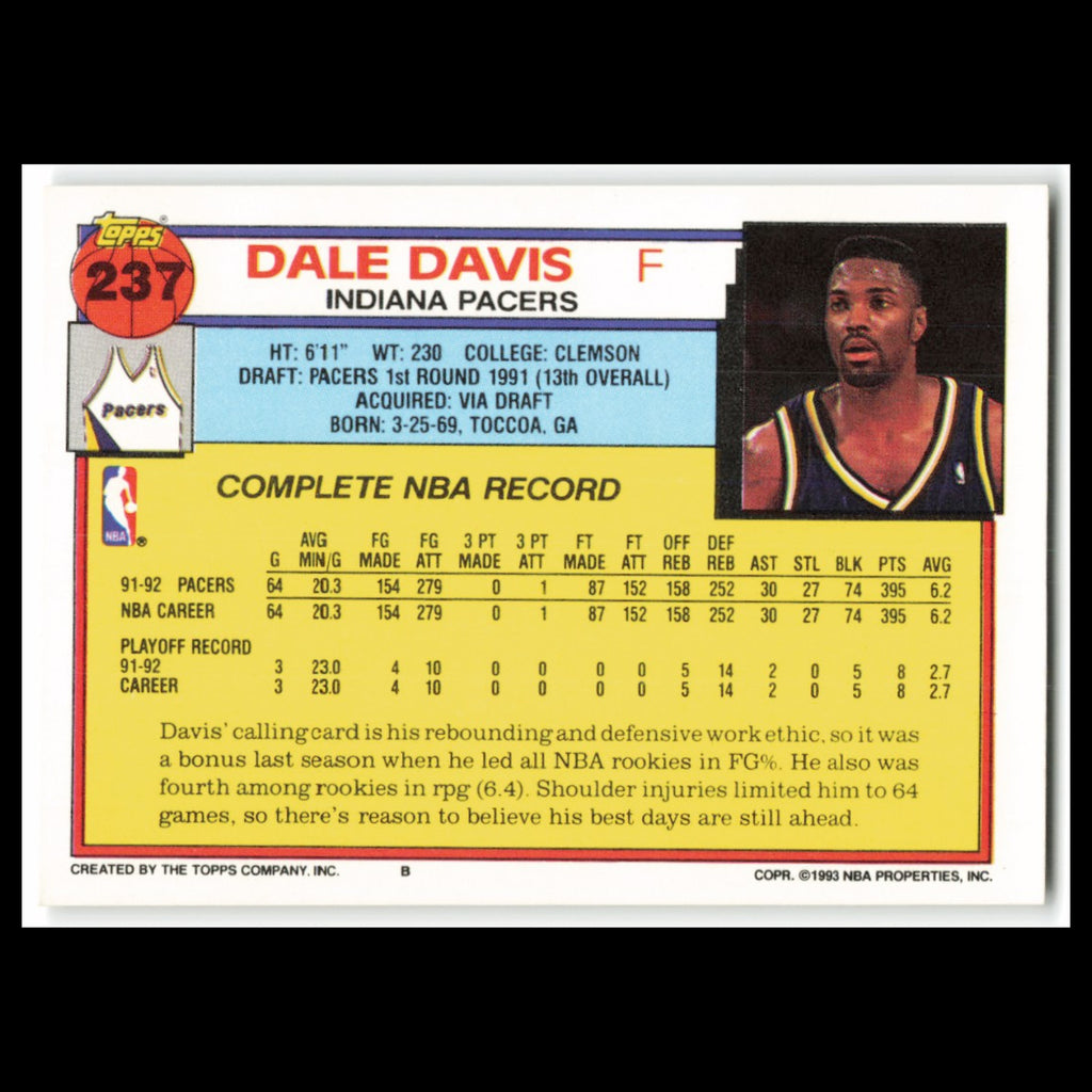 Dale Davis #237 1992 Topps Indiana Pacers Basketball Card NBA NM