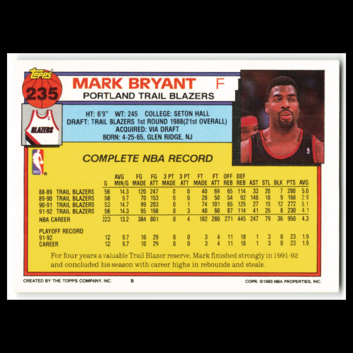 Mark Bryant #235 1992 Topps Portland Trail Blazers Basketball Card NBA NM